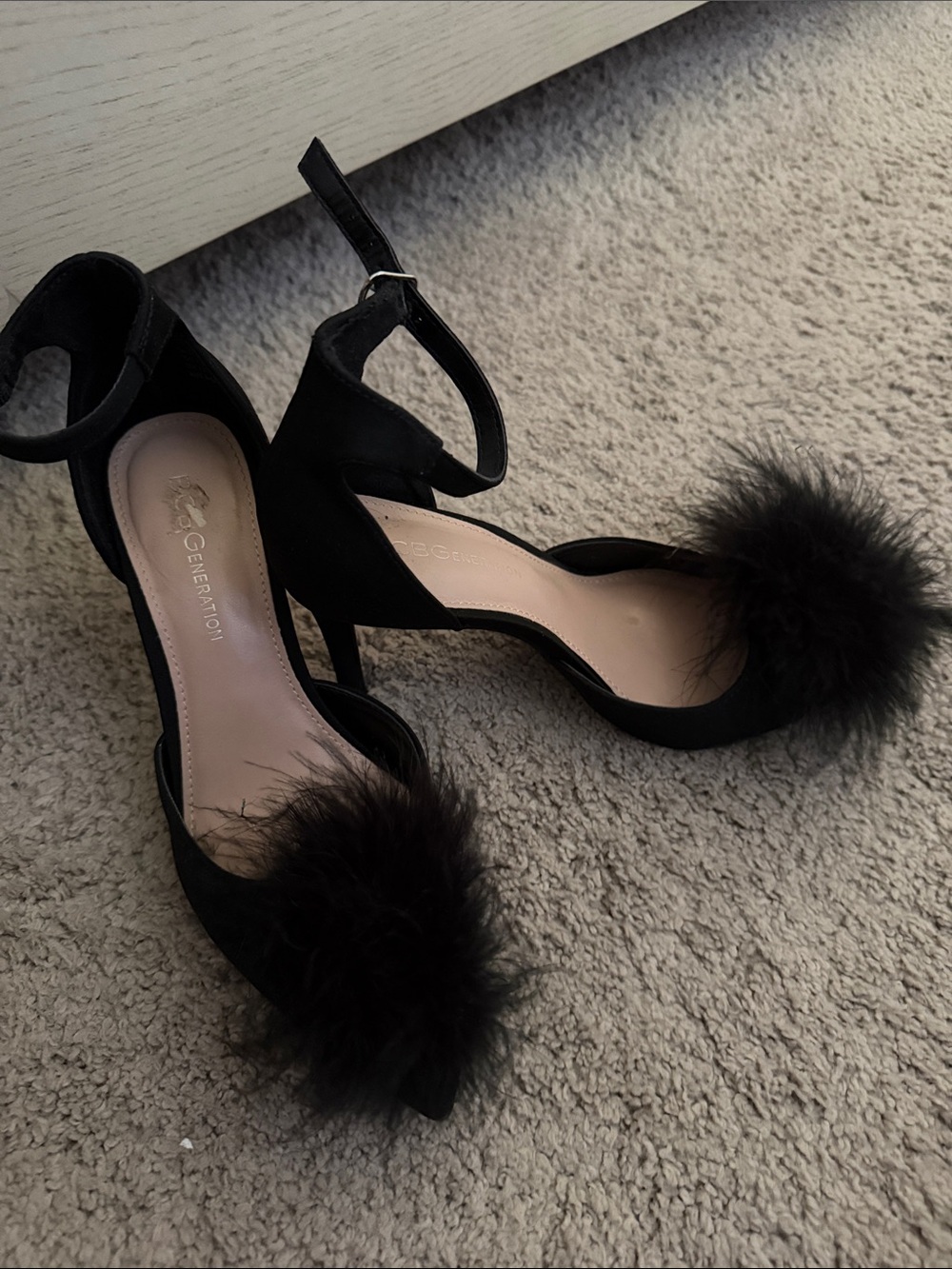 BCBGeneration Black Pom-Pom Ankle-Strap Heels